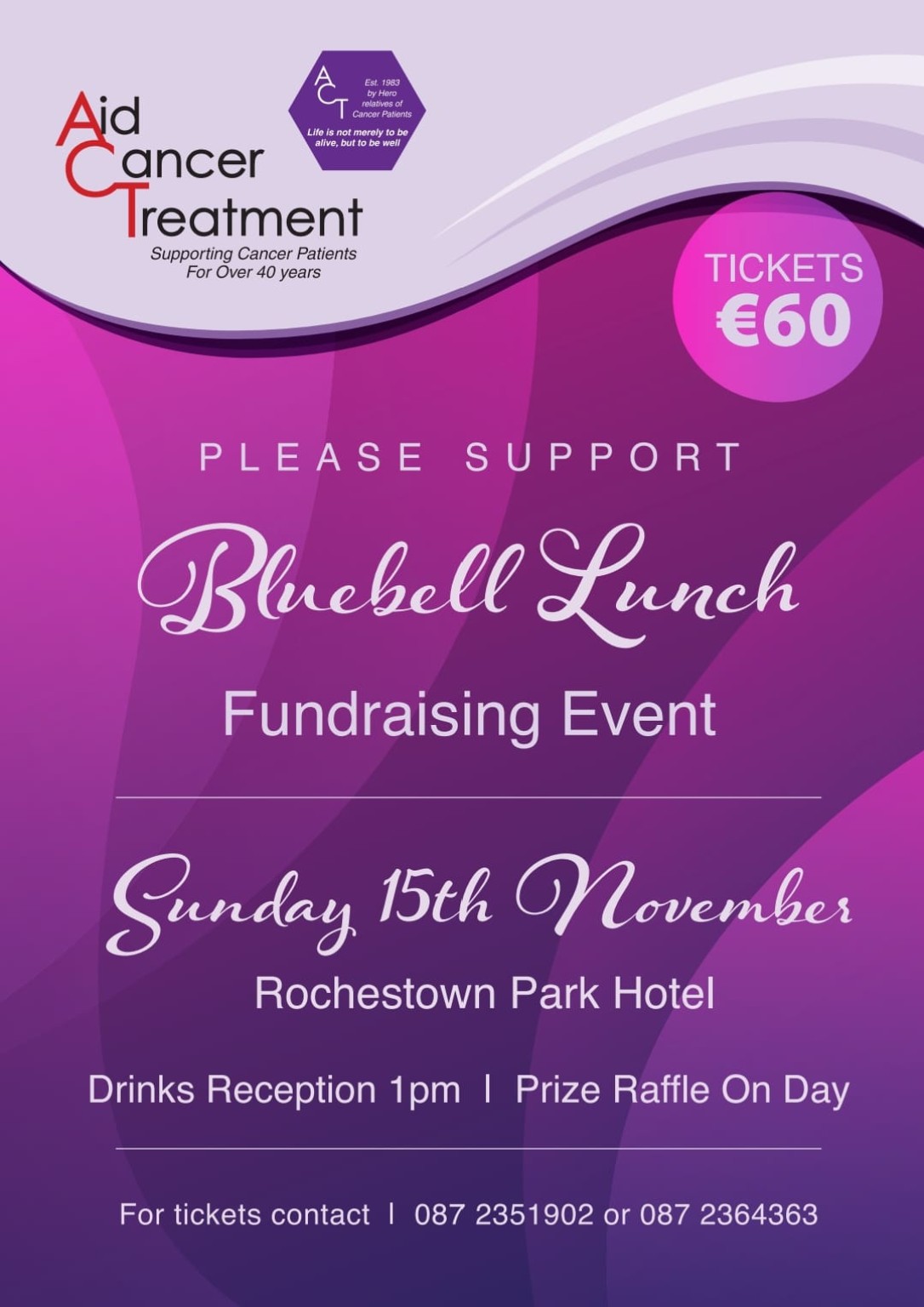 Aid Cancer Treatment Bluebell Lunch 2026 fundraising event at Rochestown Park Hotel on Sunday 15 November, tickets €60